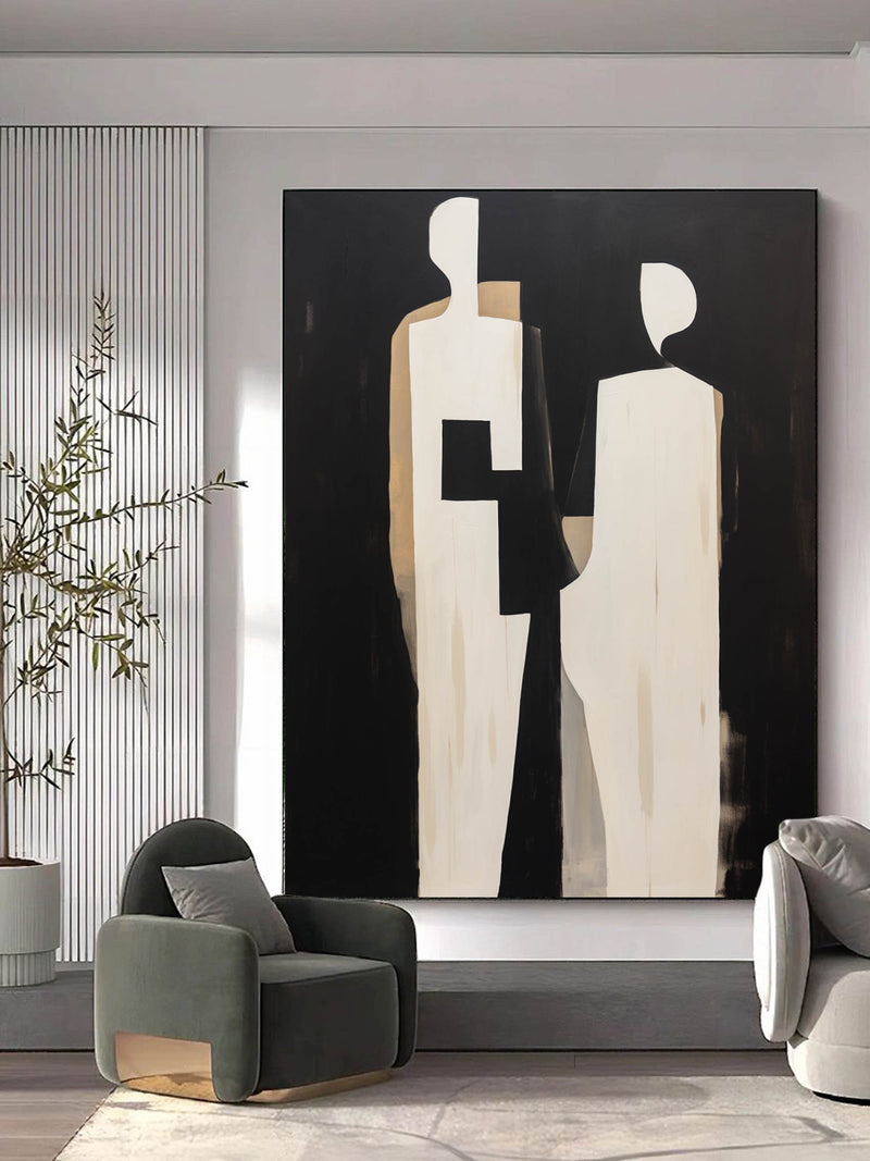 Black and Beige 2 People Abstract Art Canvas Black and Beige Minimalist Abstract Figure Painting Abstract People Minimalist Wall Art Decor