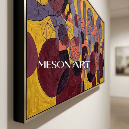 Contemporary Abstract Painting With Yellow And Purple Geometric Forms For Modern Living Room Decor