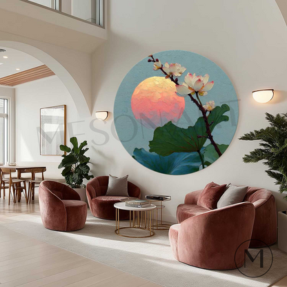 Sunset Lotus Bloom Round Art – Textured Canvas in Zen Pastel Tones Hand-Painted Canvas