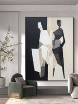 Black and Beige Minimalist Wall Art Black and Beige Textured Wall Art Abstract Painting of 2 Figures Contemporary Abstract Art for Sale