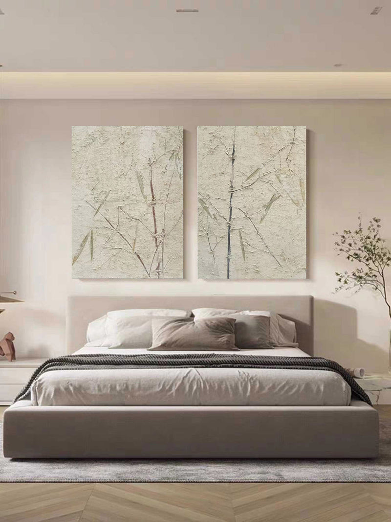 Wabi Sabi Wall Art Set Of 2 Beige Minimalist Art On Canvas Beige Texture Painting Bamboo Painting