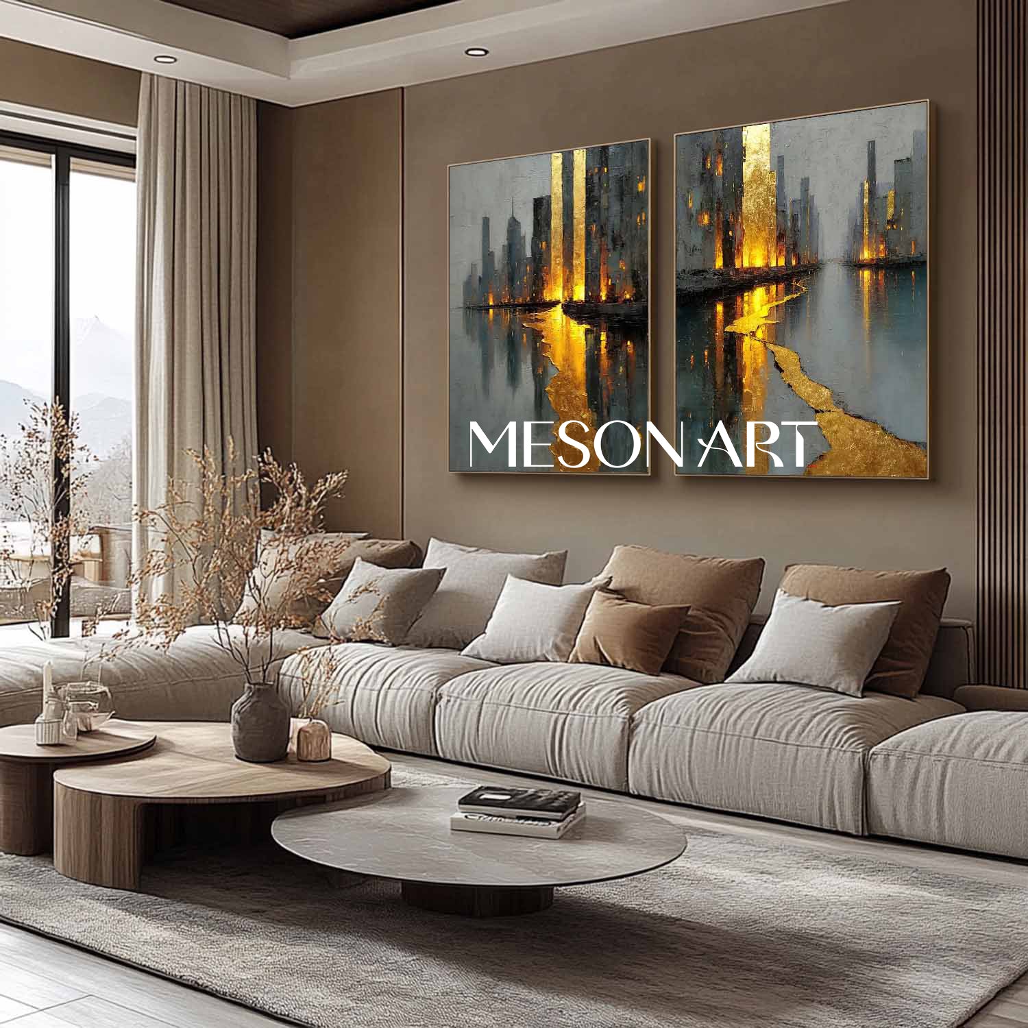 Modern Gold Abstract Wall Art Set of 2 Grey City Skyline Textured Canvas Paintings