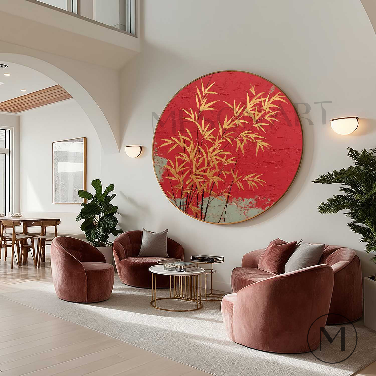 Luxury Round Wall Art with Bamboo Oriental Minimalist Zen Gold Bamboo on Red Textured Canvas