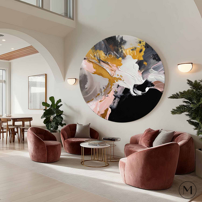 Modern Abstract Gold & Pink Round Wall Art Textured Modern Canvas Painting 