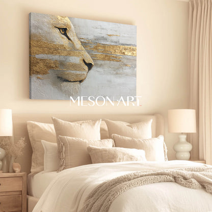 Large Lion Canvas Wall Art Hand-Painted Golden Abstract Animal Painting