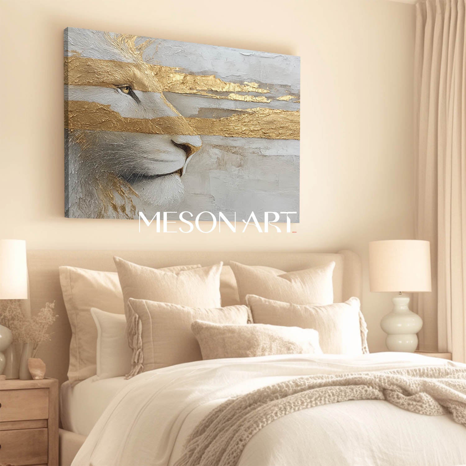 Luxury Lion Wall Art Golden Abstract Animal Painting for Modern Home Decor