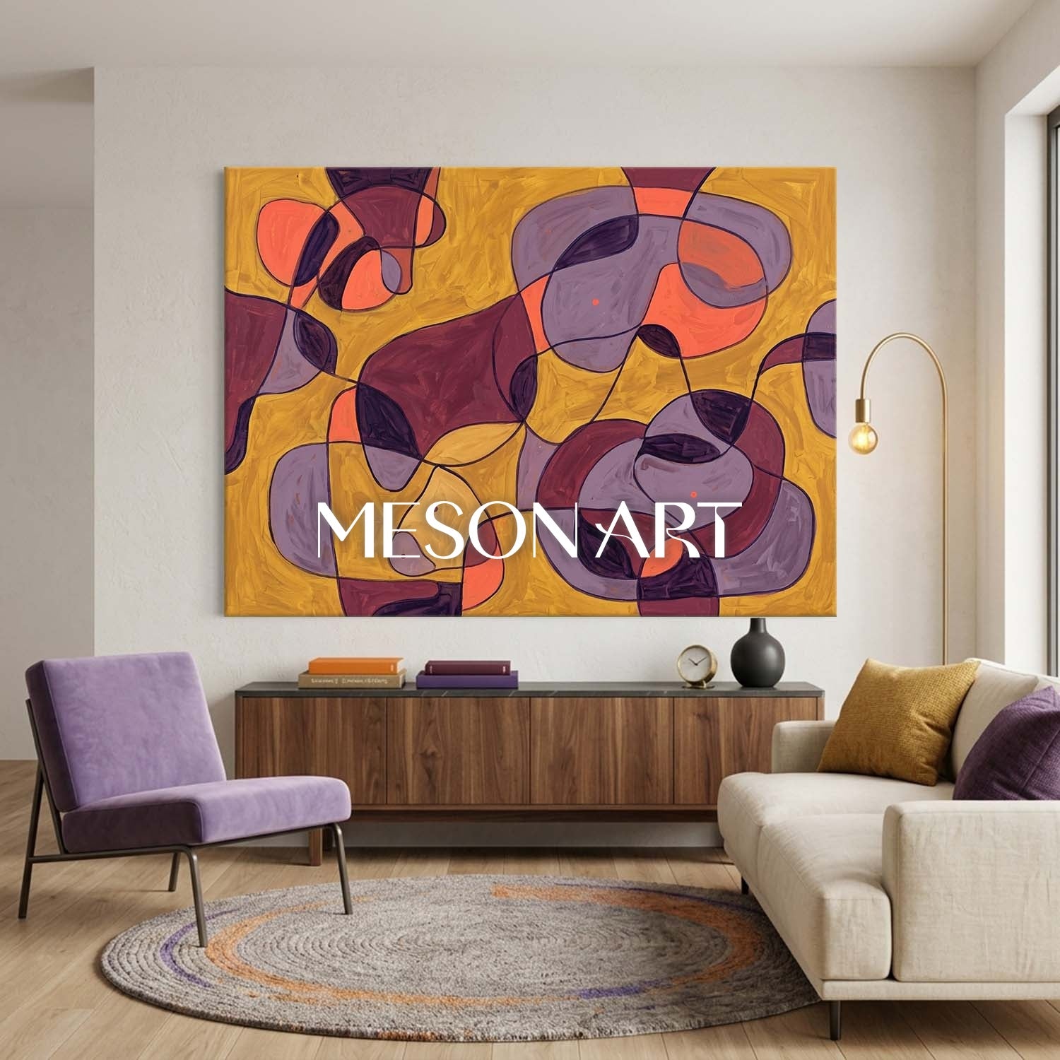 Contemporary Abstract Oil Painting With Amber And Violet Hues For Modern Living Room Decor