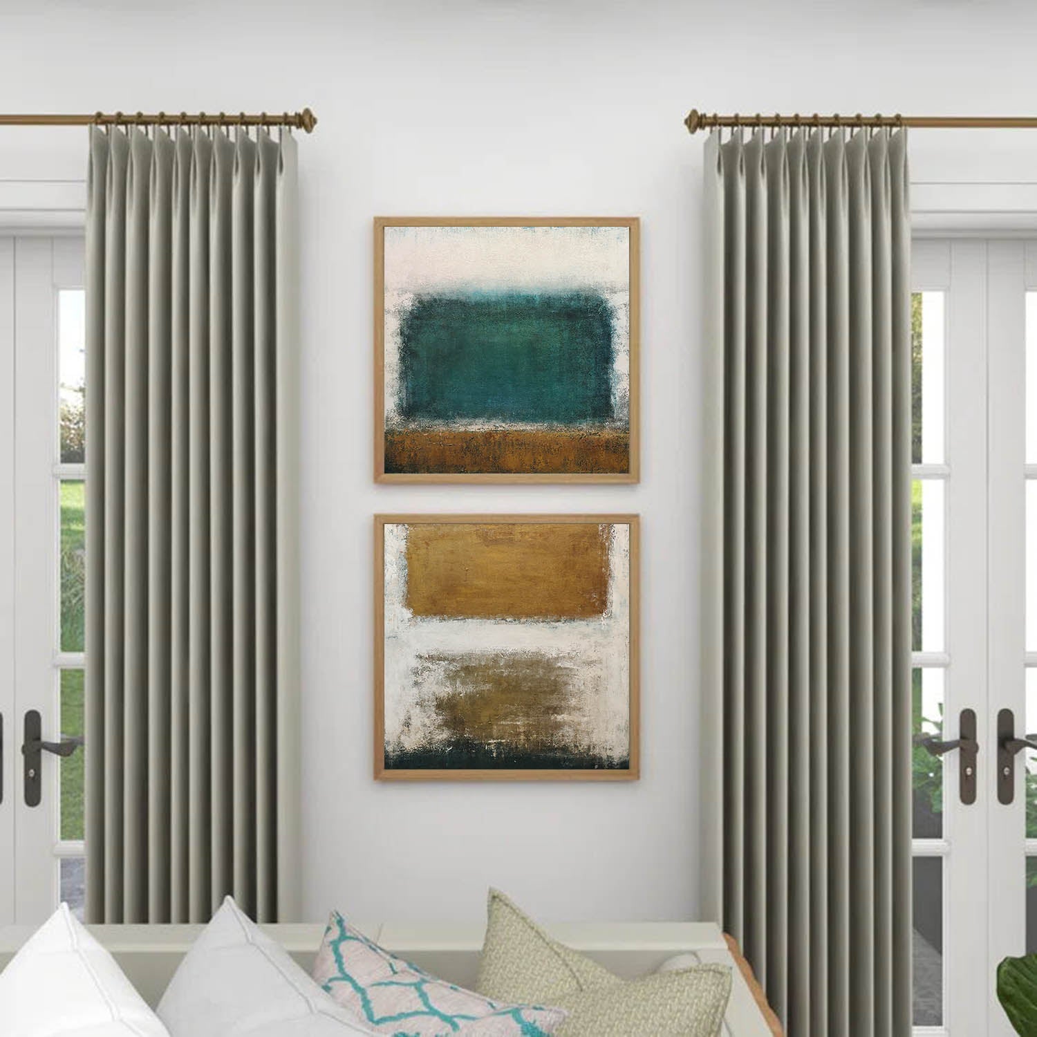 Abstract Canvas Art Set of 2 Beige and Blue Textured Paintings Minimalist Gold and White Wall Art