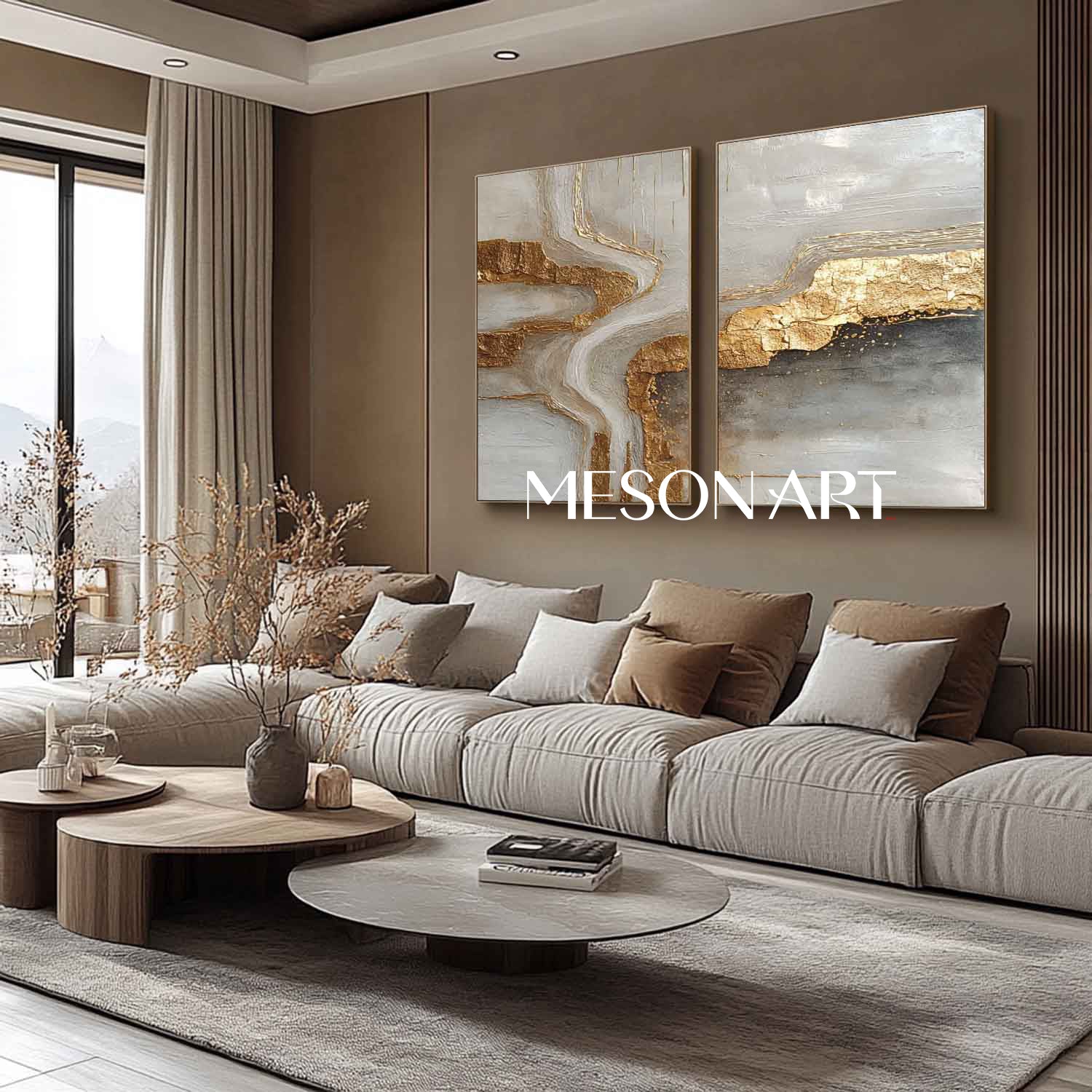 Abstract Textured Gold and Gray Canvas Wall Art 2 Piece Modern Painting Set for Living Room 