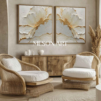 Large Gold and White Plaster Canvas Wall Art Set of 2 Textured Flower Paintings for Modern Decor