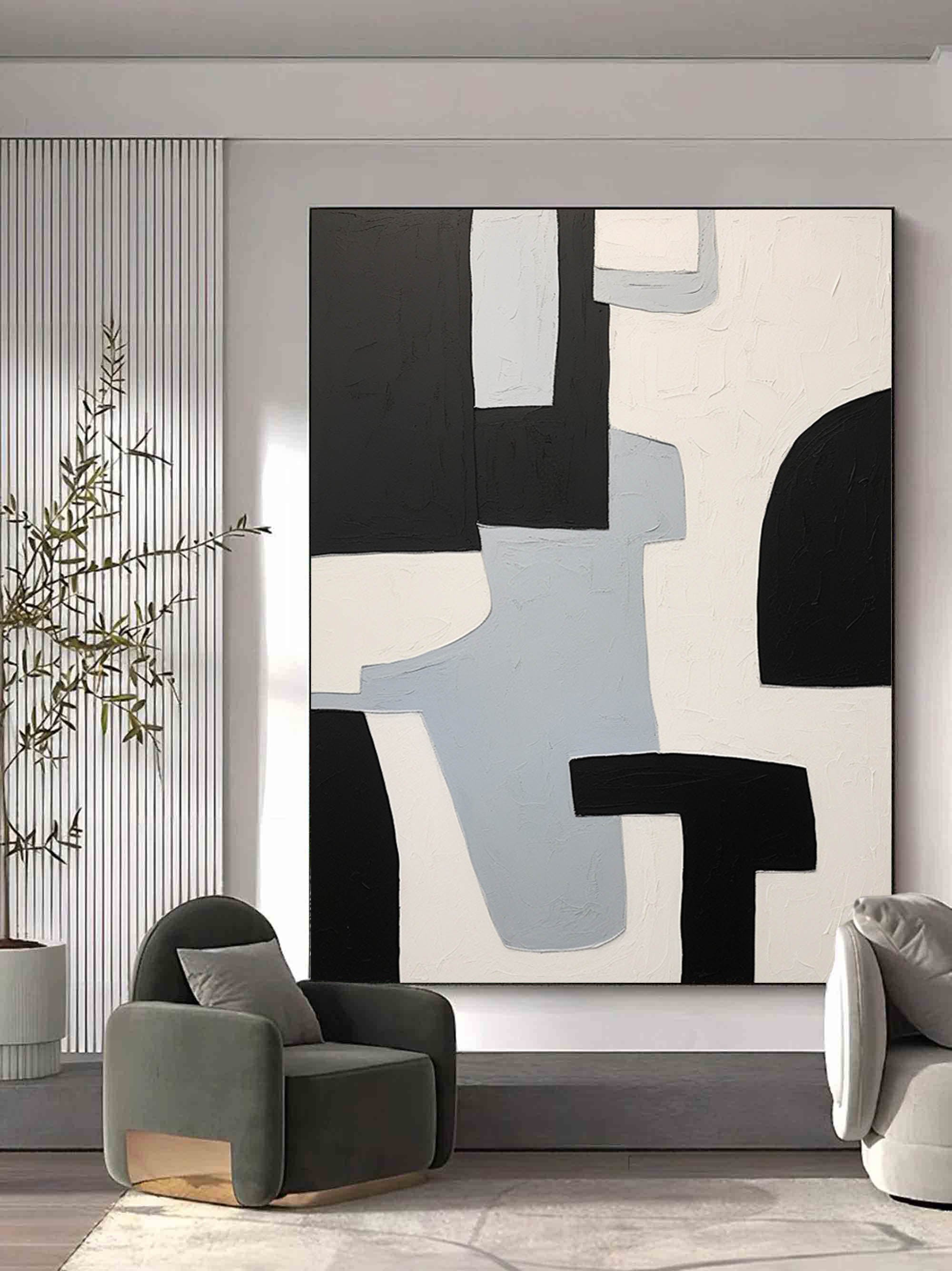 Large Black and White Minimalist Wall Art Black and White Texture Abstract Art Modern Oil Painting