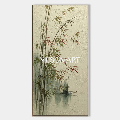 Calm Bamboo Scene on Linen Canvas – Hand-Painted Wabi-Sabi Art | Mesonart