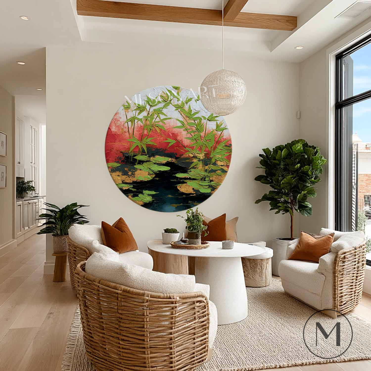 Wabi-Sabi Bamboo & Pond Wall Art Modern Bamboo Zen Wall Art Hand-Painted Round Textured Landscape