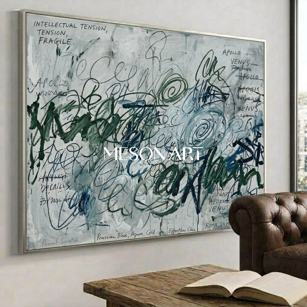 Original Prussian Blue Abstract Painting Large Scribble Art Statement