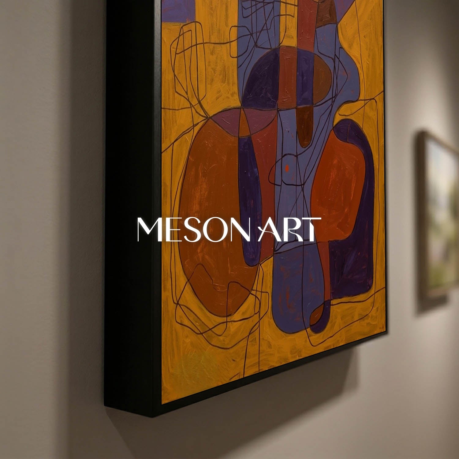 Contemporary Abstract Art With Ochre And Indigo For Modern Living Room Decor