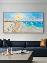 Sunshine Beach Ocean Waves Palette Knife Painting Texture Canvas Art Summer Beach Scenery Wall Art