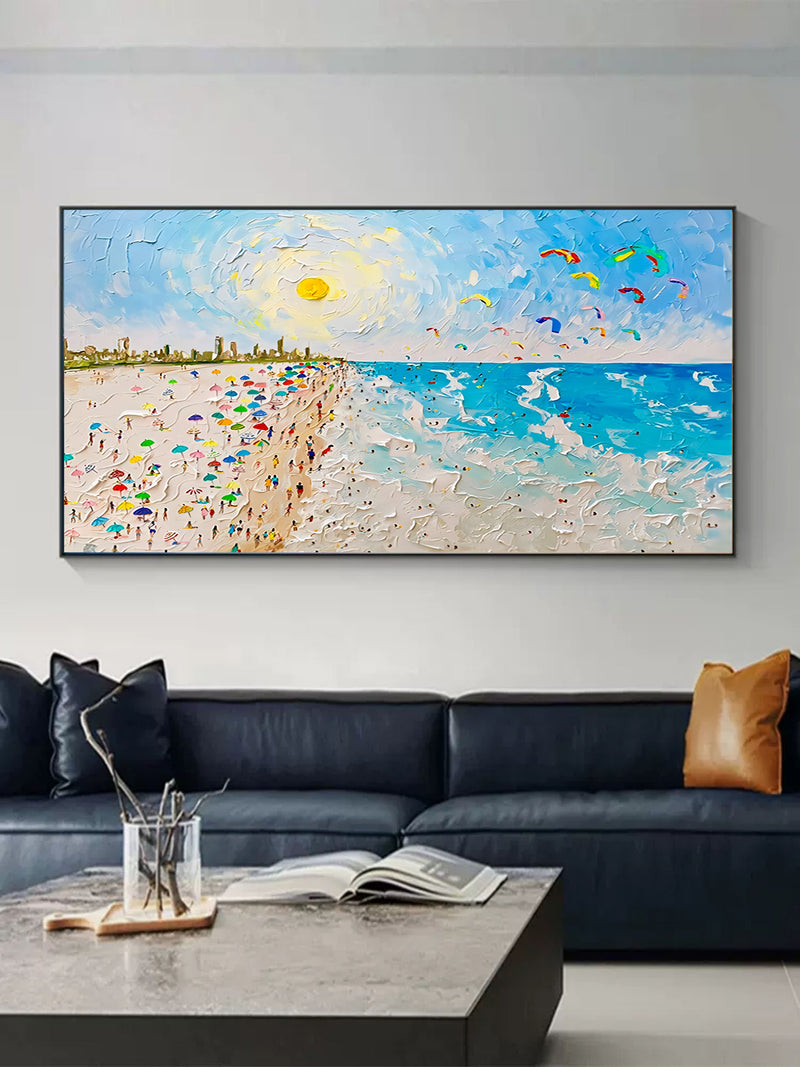 Sunshine Beach Ocean Waves Palette Knife Painting Texture Canvas Art Summer Beach Scenery Wall Art