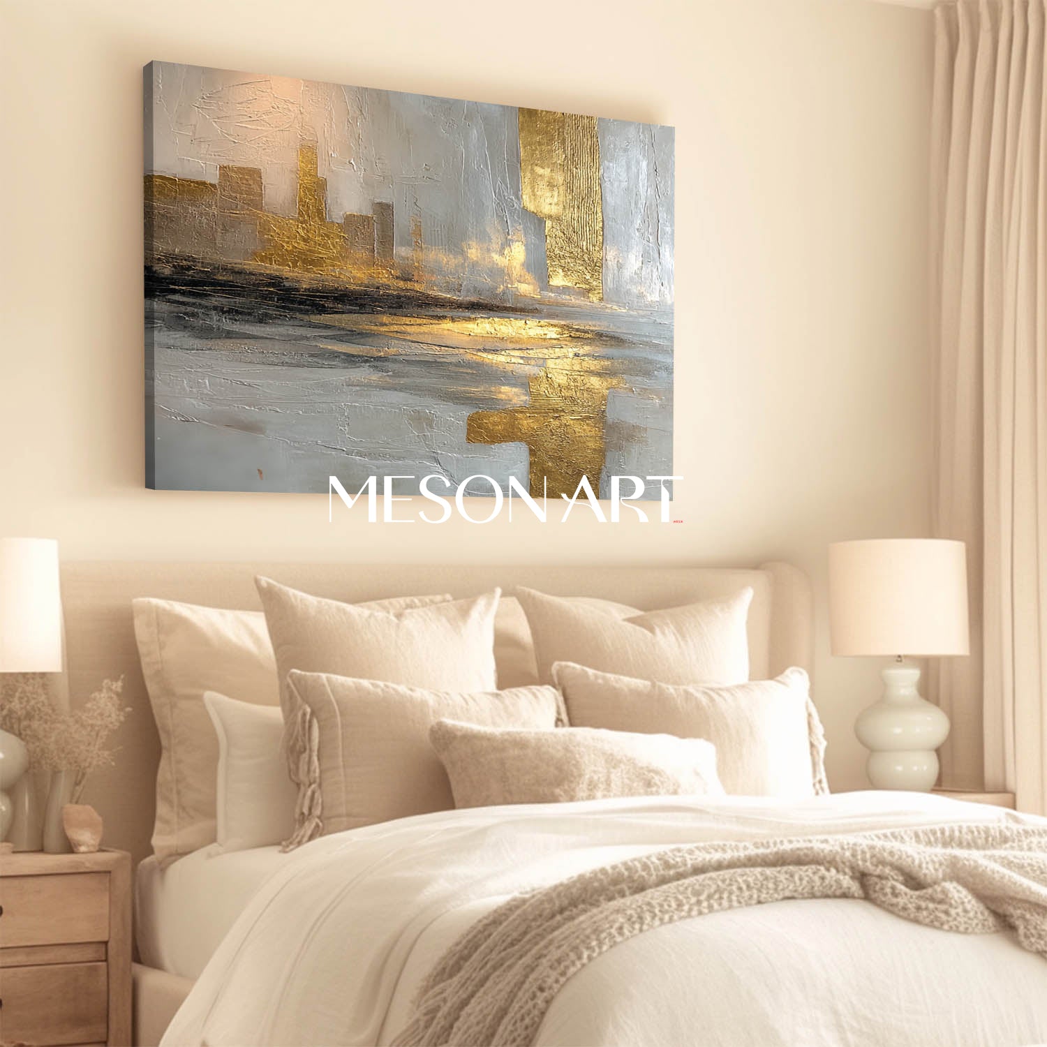 Textured Surreal City Skyline Painting Contemporary Gold-Accented Canvas Art
