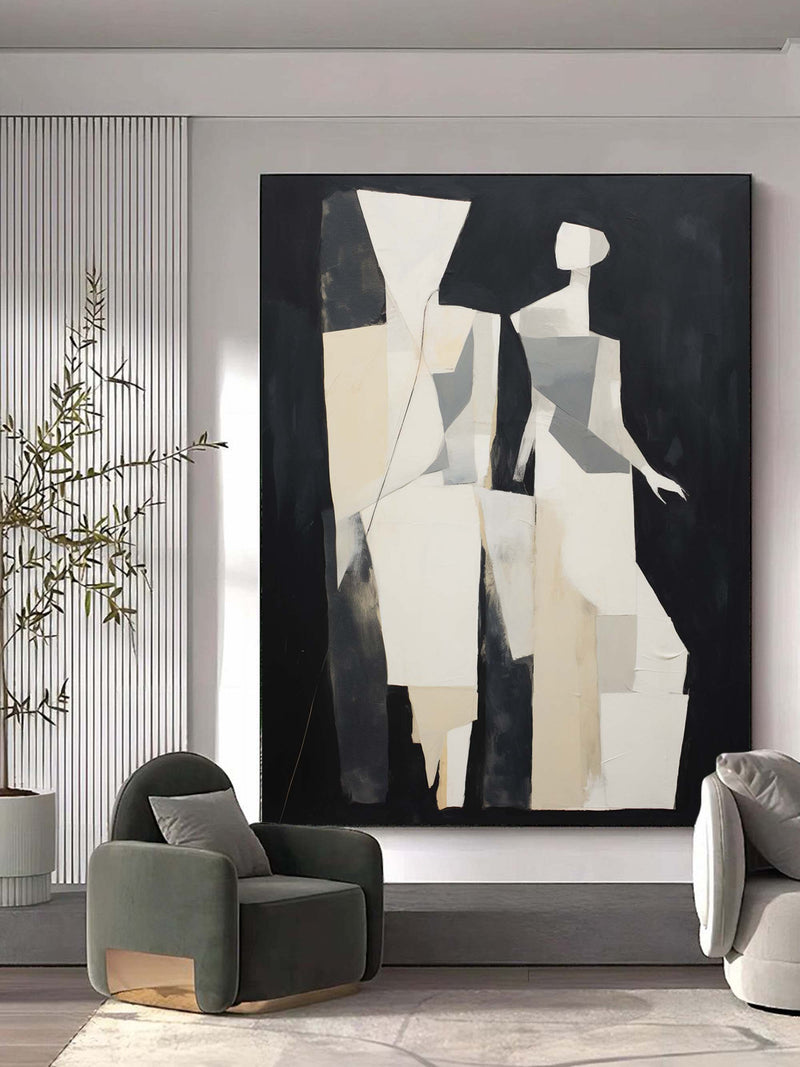 Black and Beige Minimalist Abstract Canvas Art Black and Beige Minimalist Wall Art Black and Beige Minimalist Abstract Painting of Figures