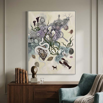 Beige Surreal Biological Hand-Painted Framed Canvas Large Art Entryway