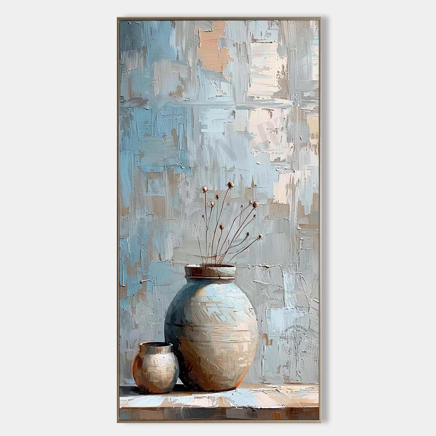 Large Blue Clay Jar Vase Canvas Art for Sale Clay Jar Vase Artwork Clay Jar Still Life Painting