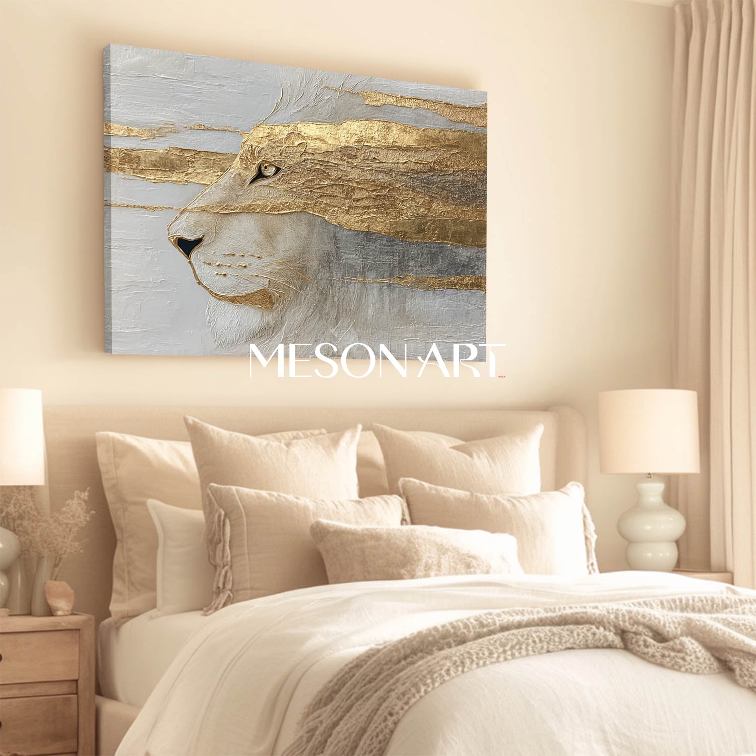 Golden Lion Abstract Painting Textured Animal Canvas Wall Art for Living Room
