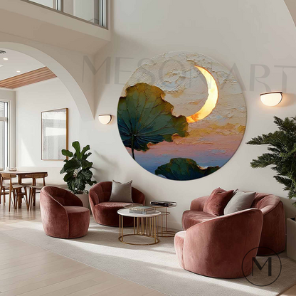 Summer Serenity Wall Art – Lotus Moon Painting Hand-Painted Textured Canvas for Summer Decor