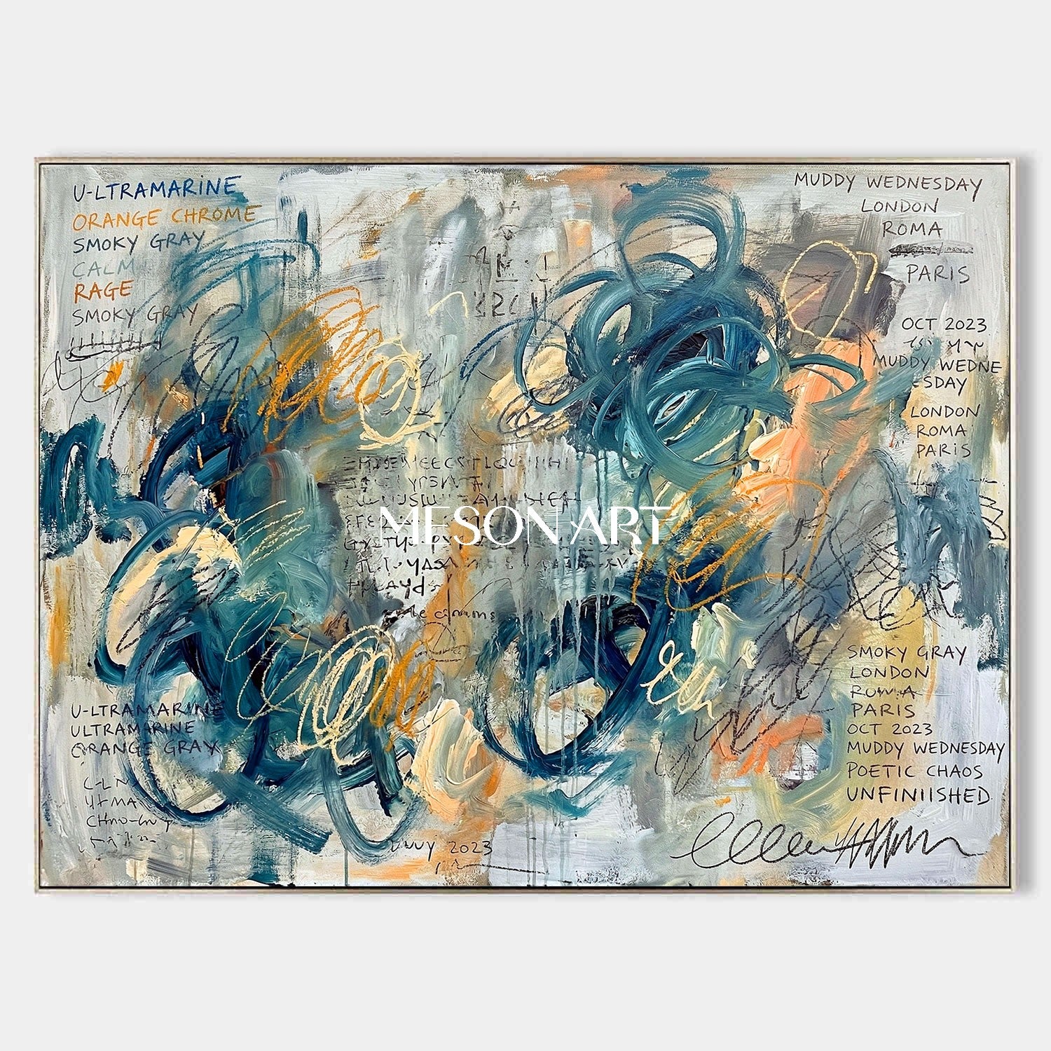 Original Framed Large Canvas Ultramarine Abstract Art For Living Room