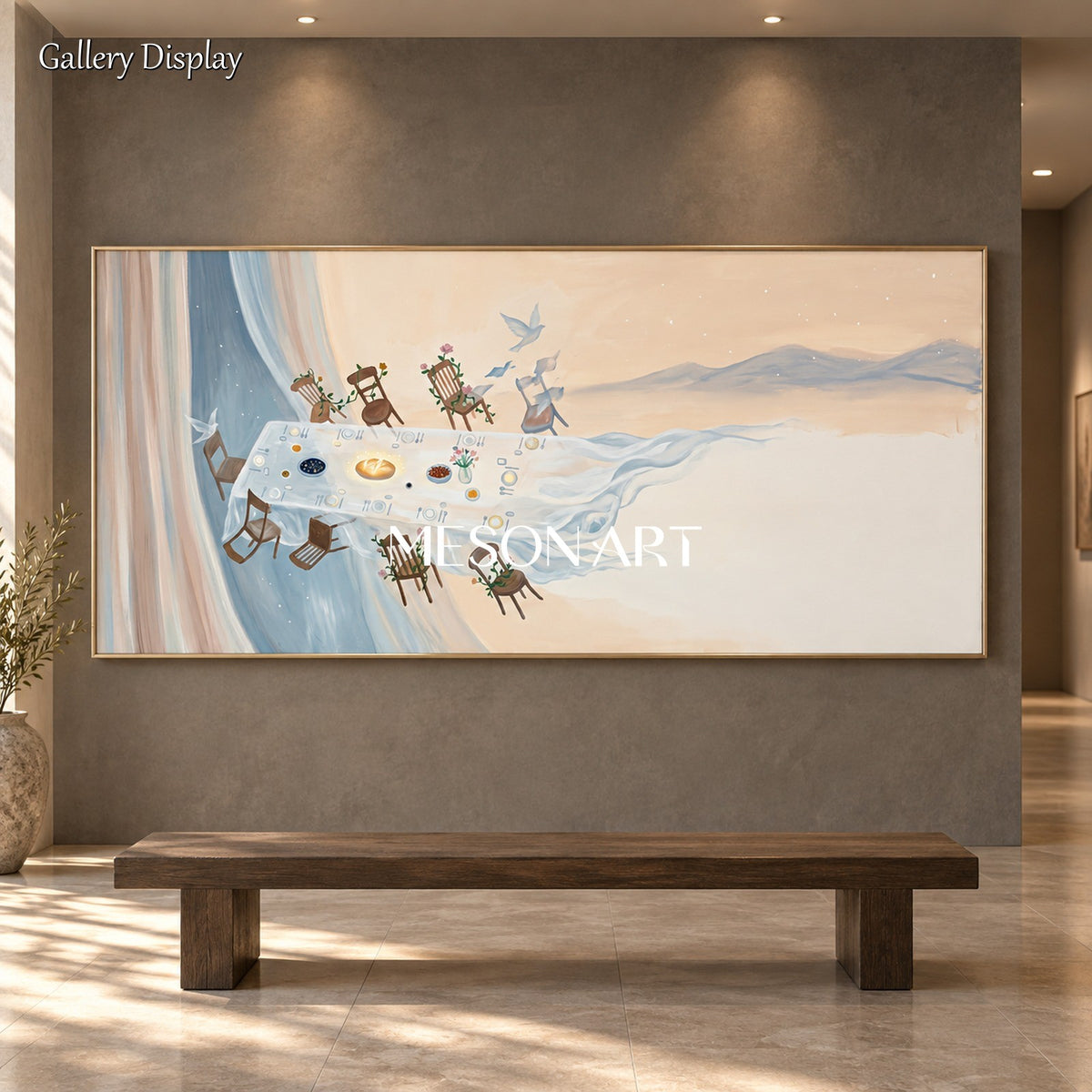 Beige And Blue Surrealist Art Large Long Table Panoramic Wall Decor Original Artist By Mesonart