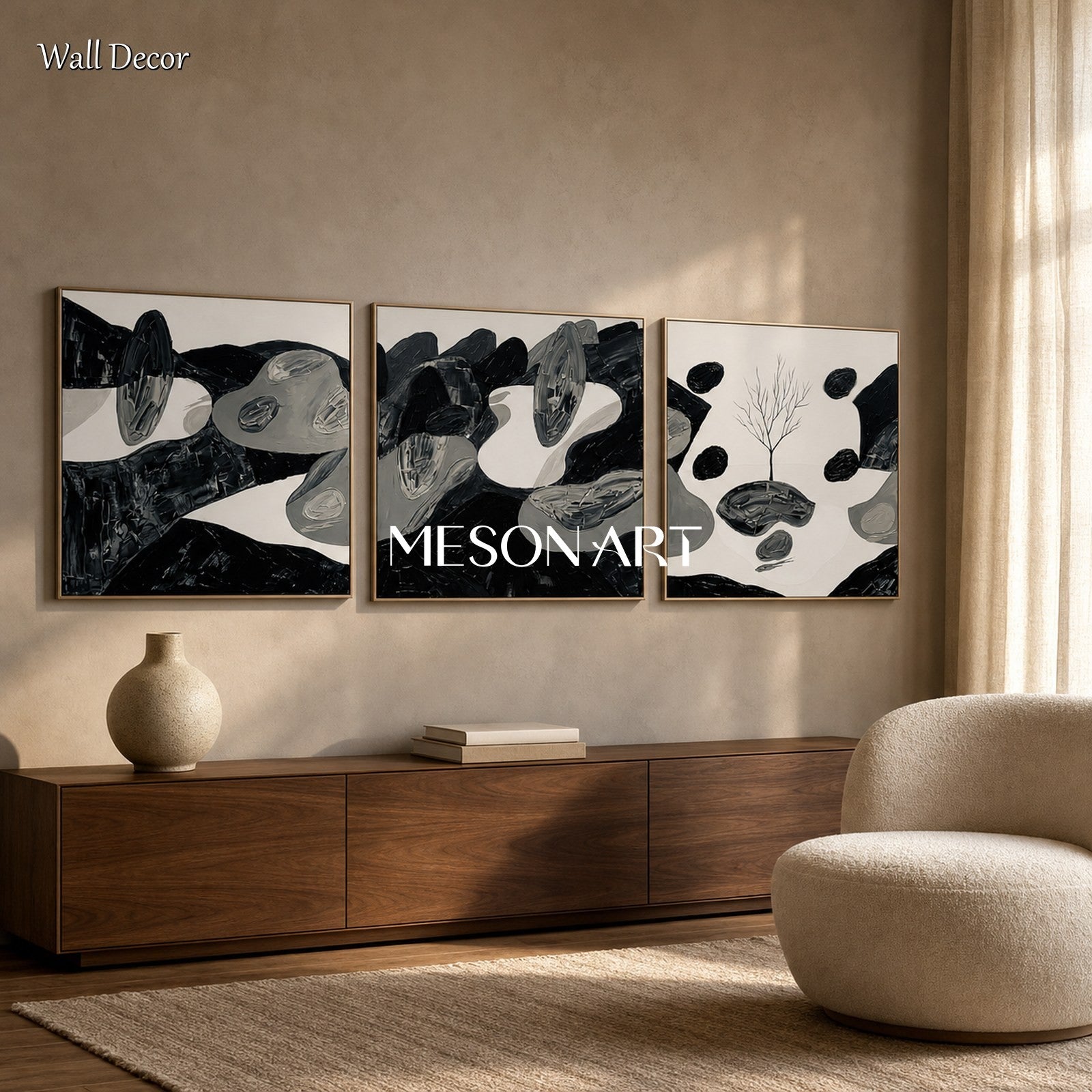 Abstract Black And White Oil Painting With Textured Relief For Modern Living Room Decor