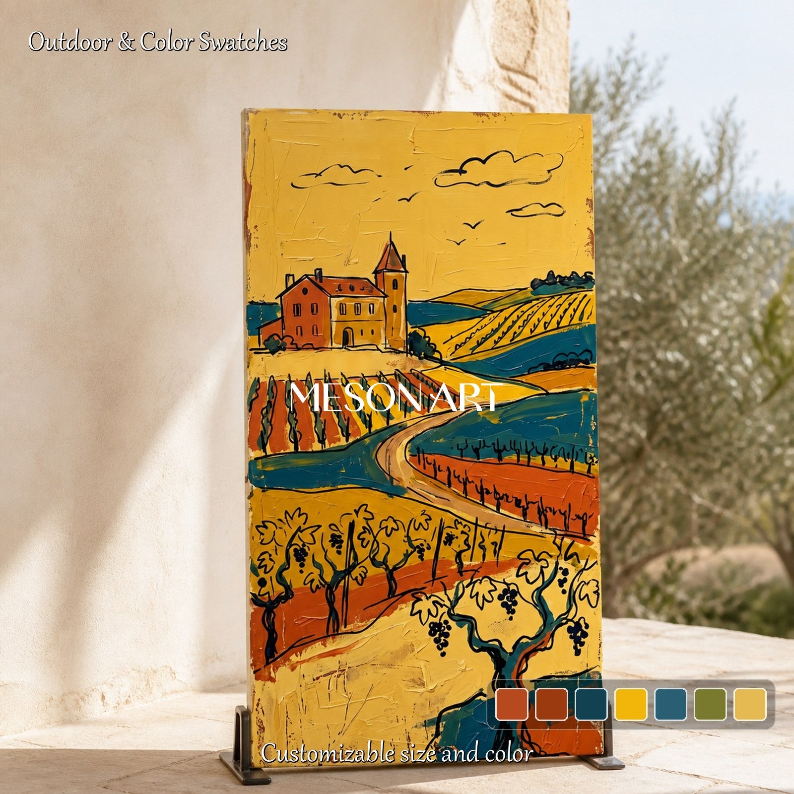 Gold And Brown Contemporary European Countryside Painting Original Artist Panoramic Wall Art For Dining Room By Mesonart