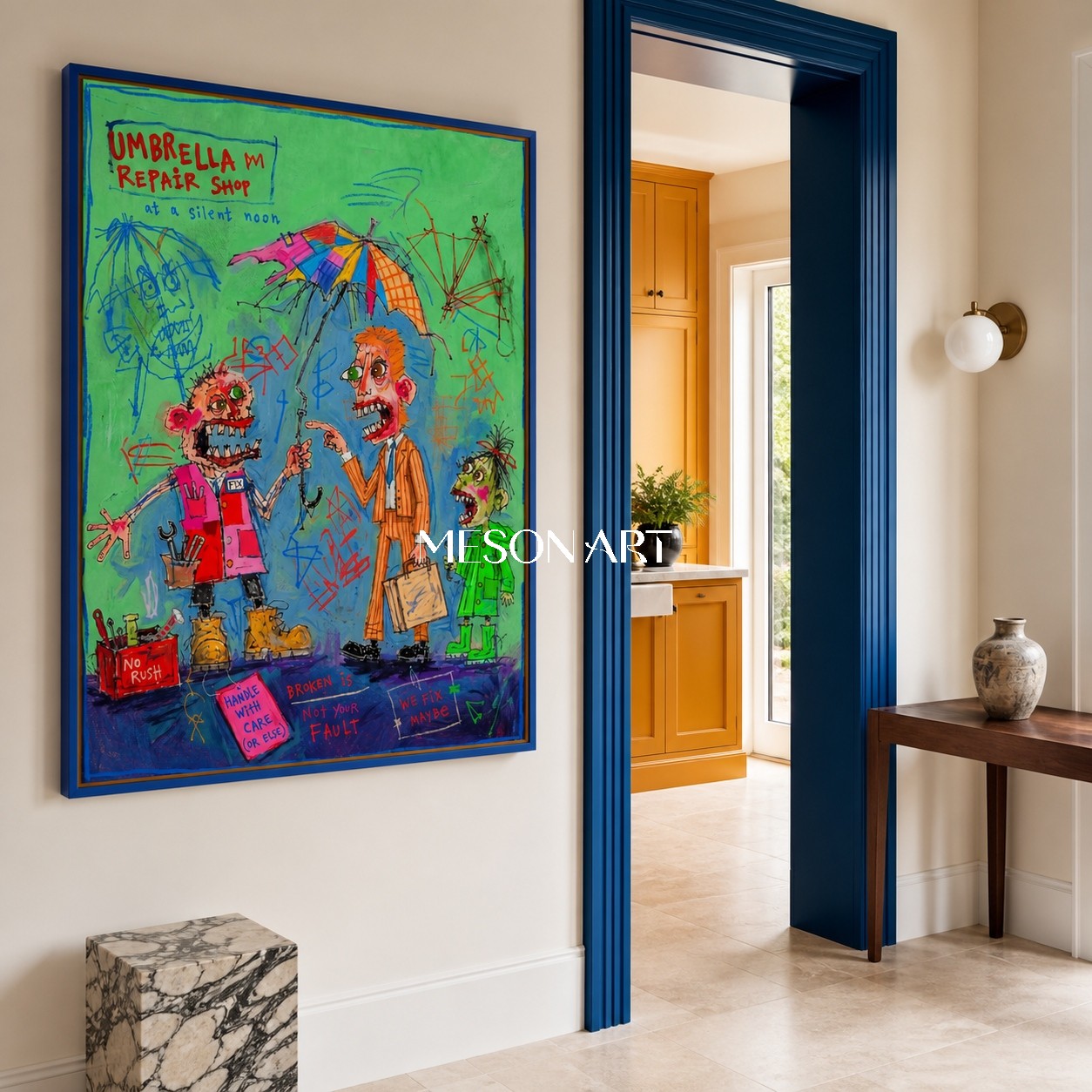 Green And Blue Graffiti Narrative Figurative Cartoon Art Rectangular Wall Decor For Living Room By Mesonart