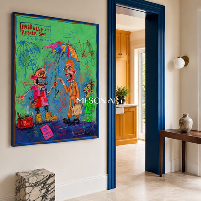 Green And Blue Graffiti Narrative Figurative Cartoon Art Rectangular Wall Decor For Living Room By Mesonart
