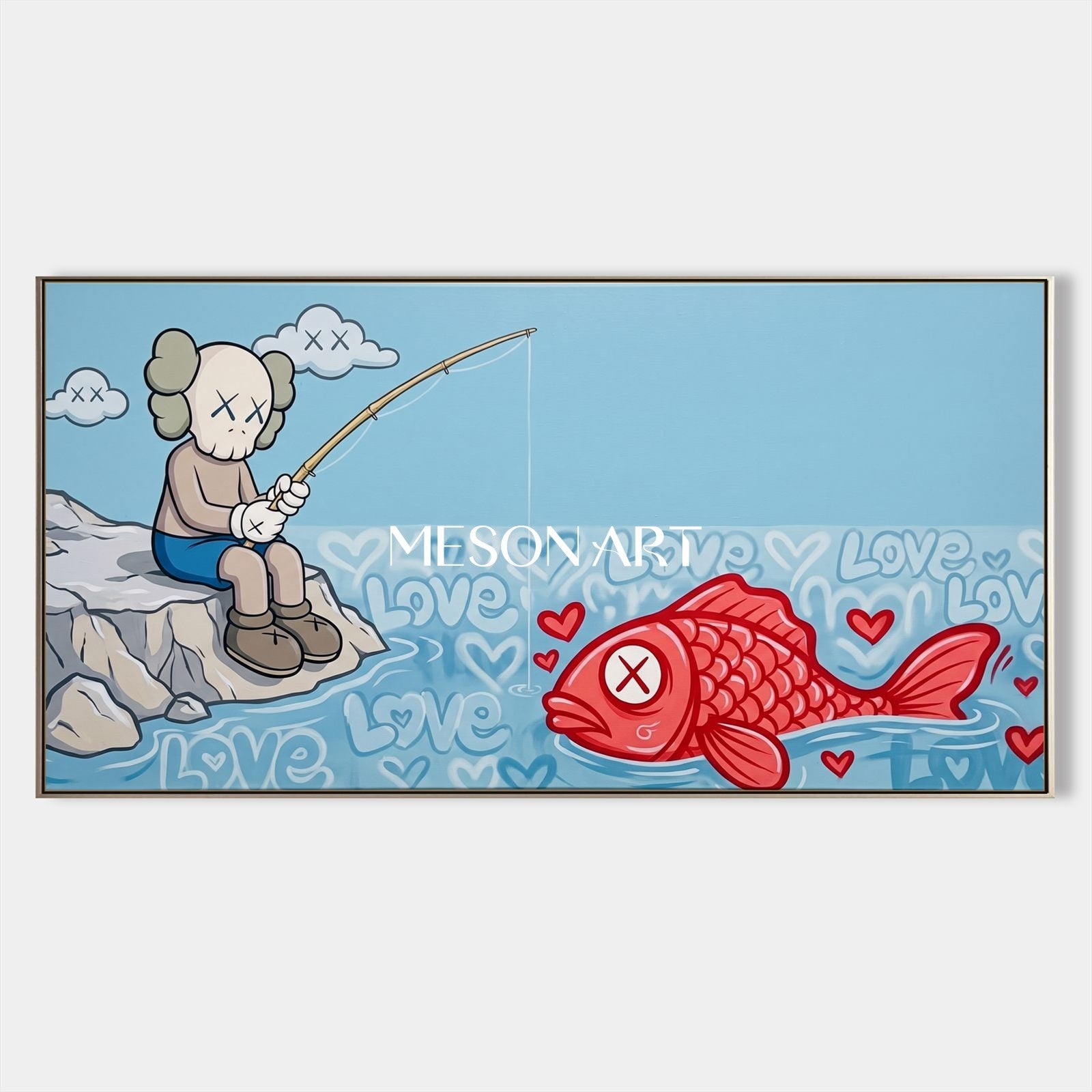 Modern Pop Art Painting With Red Fish And Blue Sky For Living Room Decor