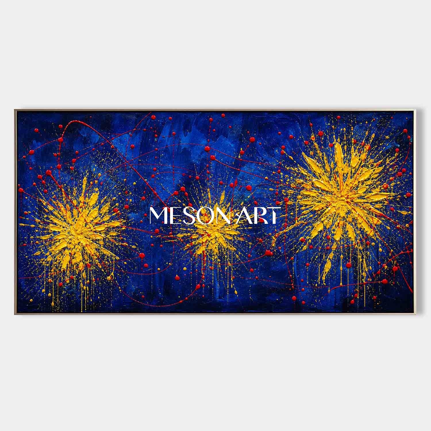 Abstract Blue And Gold Painting Modern Art For Living Room Executive Office