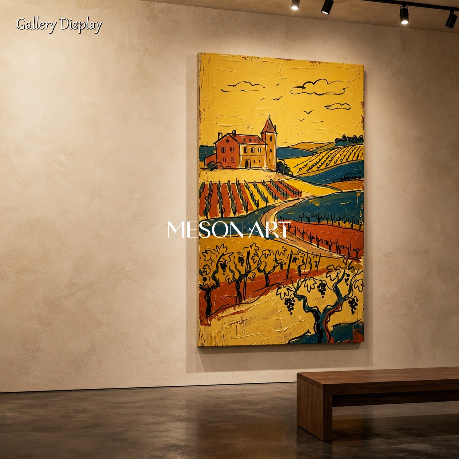 Gold And Brown Contemporary European Countryside Painting Original Artist Panoramic Wall Art For Dining Room By Mesonart
