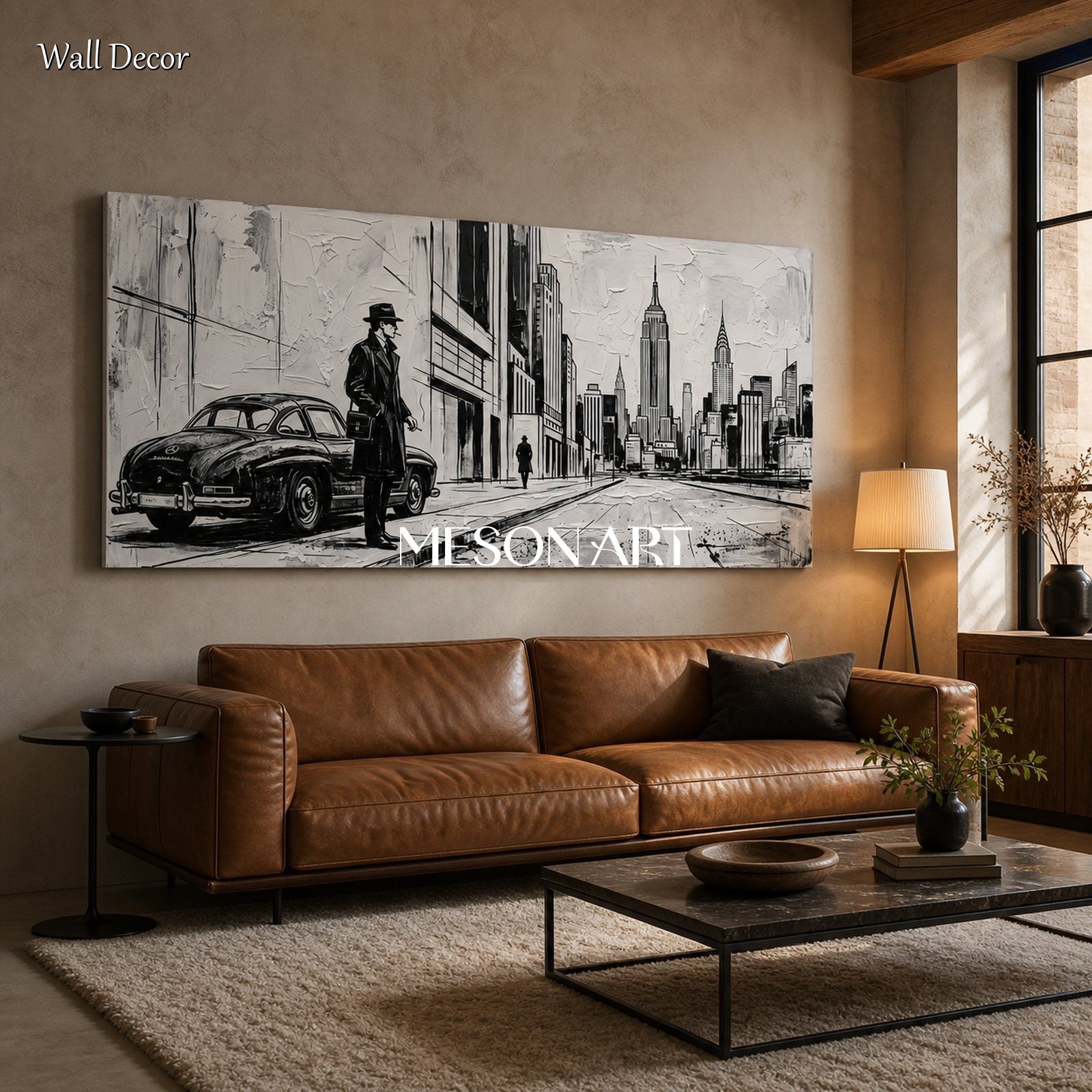 Black And White Contemporary Cityscape Painting Panoramic Wall Art Original Artist Hand Painted By Mesonart