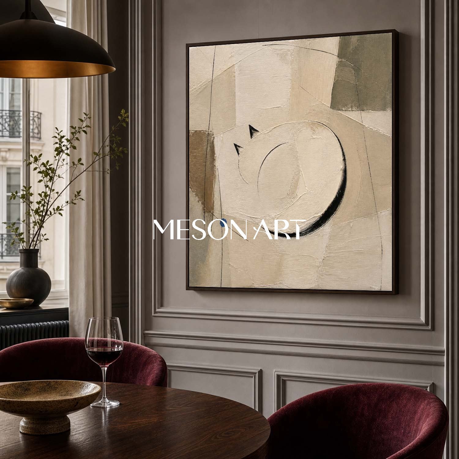 Minimalist Cat Abstract Art In Beige And Black For Modern Living Room Decor