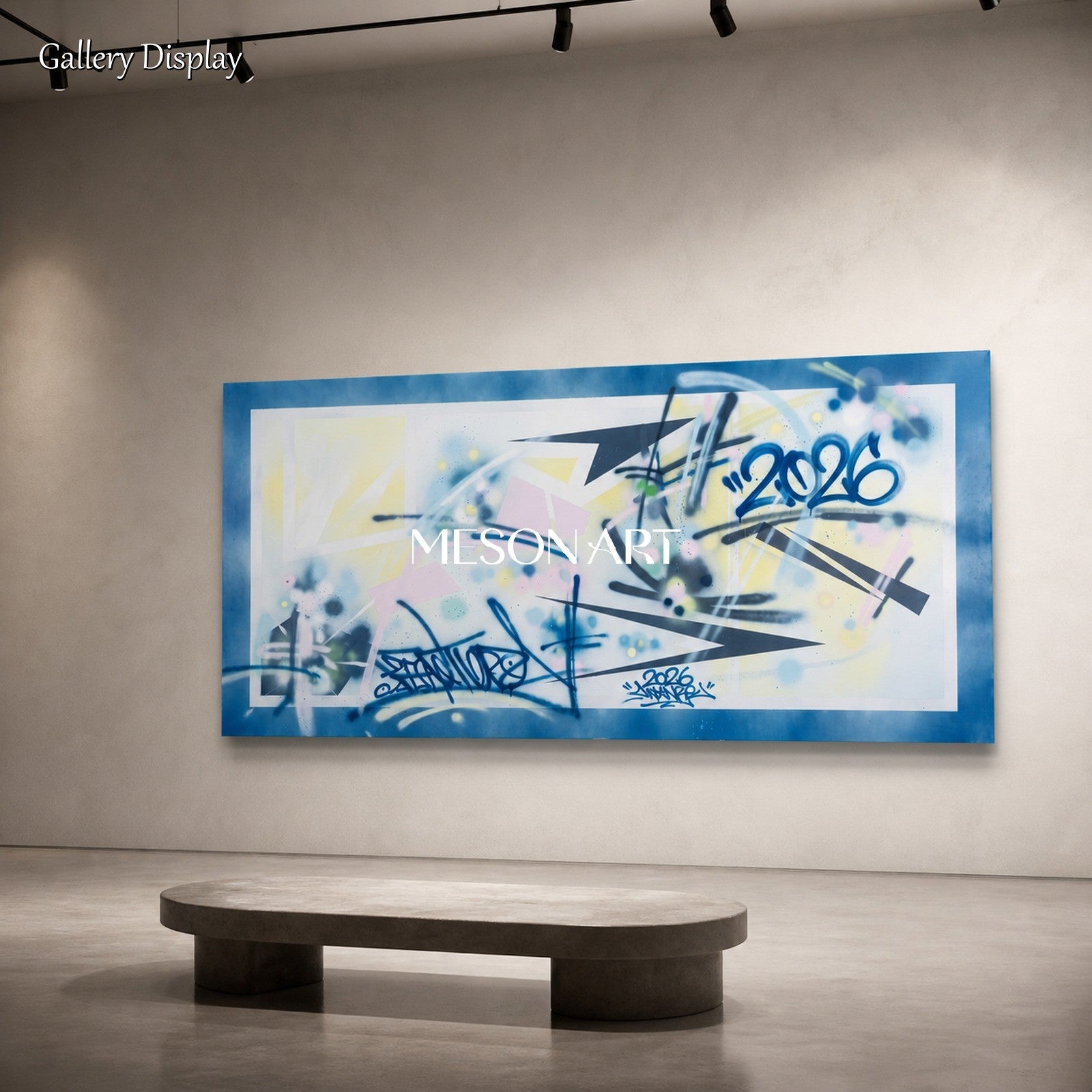 Blue And Yellow Graffiti Art Panoramic Wall Decor Original Artist Hand Painted By Mesonart
