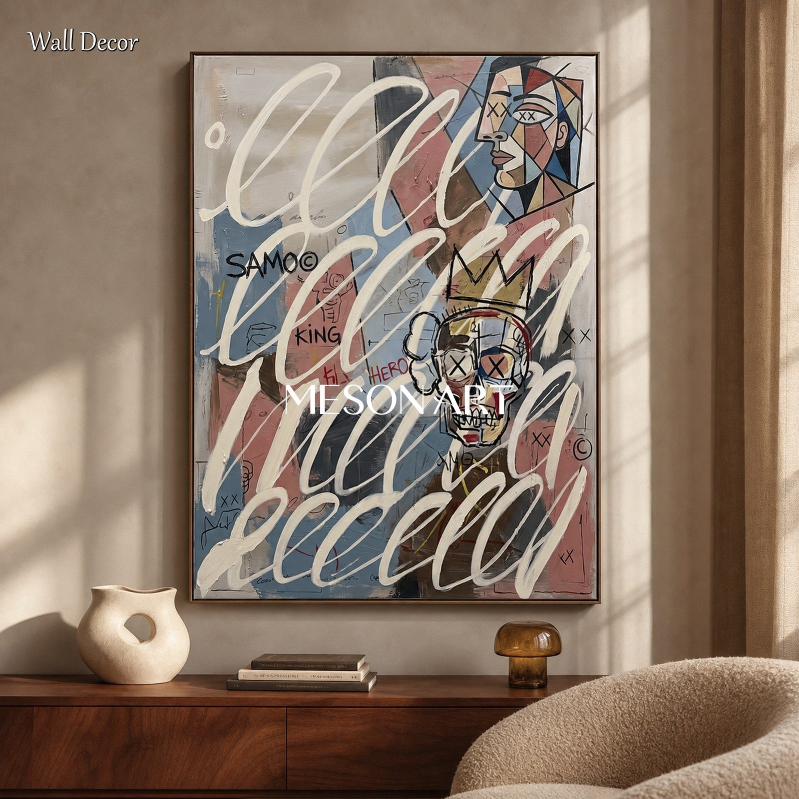 Contemporary Picasso Style Original Art With Crowned Skull And Abstract Faces For Modern Living Room Decor