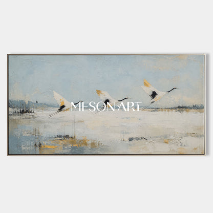 Minimalist Crane Landscape Painting Abstract Blue White Wall Art For Modern Living Room Bedroom Decor