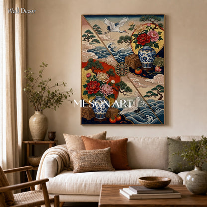 Luxury Chinoiserie Crane And Peony Wall Art With Gold Frame For Living Room Entryway Decor