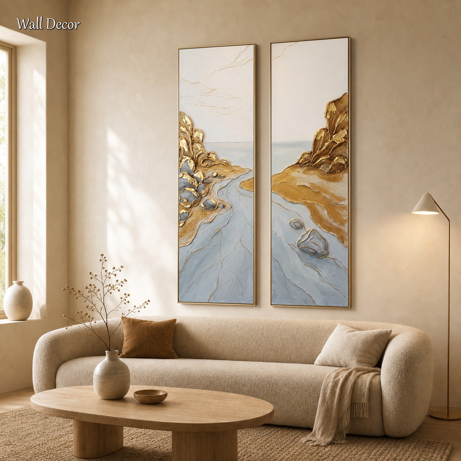 Large Gold And Blue Textured Painting Abstract Ocean Wall Art For Modern Living Room Entryway Decor