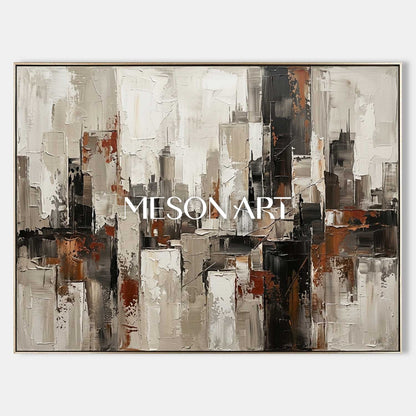 Abstract City Painting With Plaster Texture For Modern Living Room And Office Decor