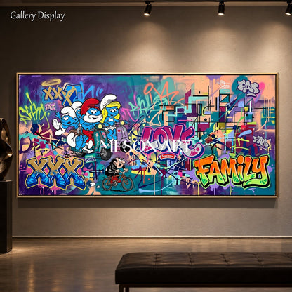 Blue And Purple Abstract Graffiti Art Large Smurf Painting Panoramic Wall Decor For Living Room By Mesonart
