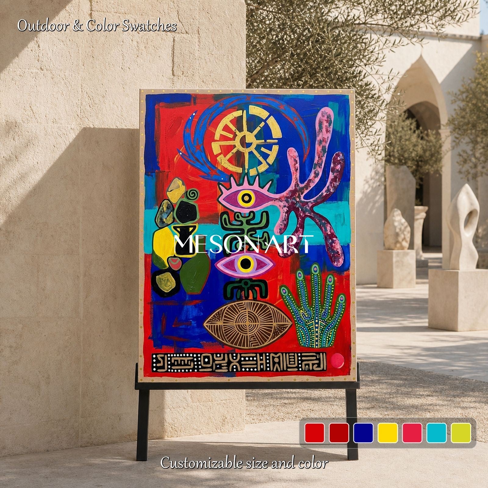 Modern Abstract Art With Bold Colors And Mystical Symbols For Living Room Decor