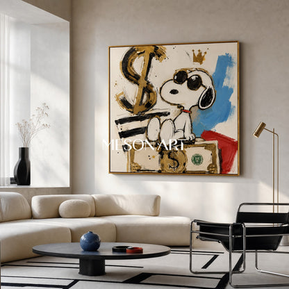 Snoopy Pop Art Painting With Gold Dollar Signs For Modern Living Room Decor