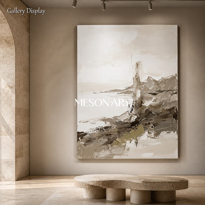 Quadro astratto raffigurante un paesaggio, nei toni del beige e del bianco, opera d'arte da parete rettangolare, opera originale dell'artista Mesonart