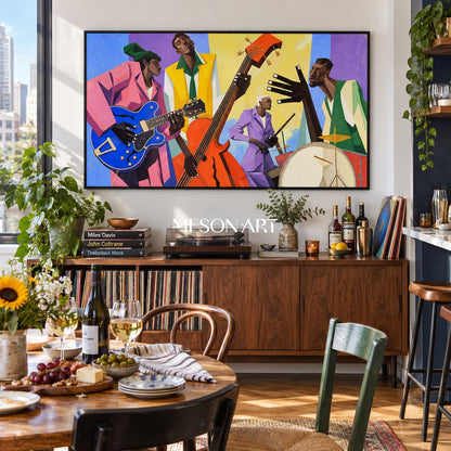 Blue And Yellow Pop Art Jazz Painting Panoramic Wall Art For Living Room Original Artist By Mesonart