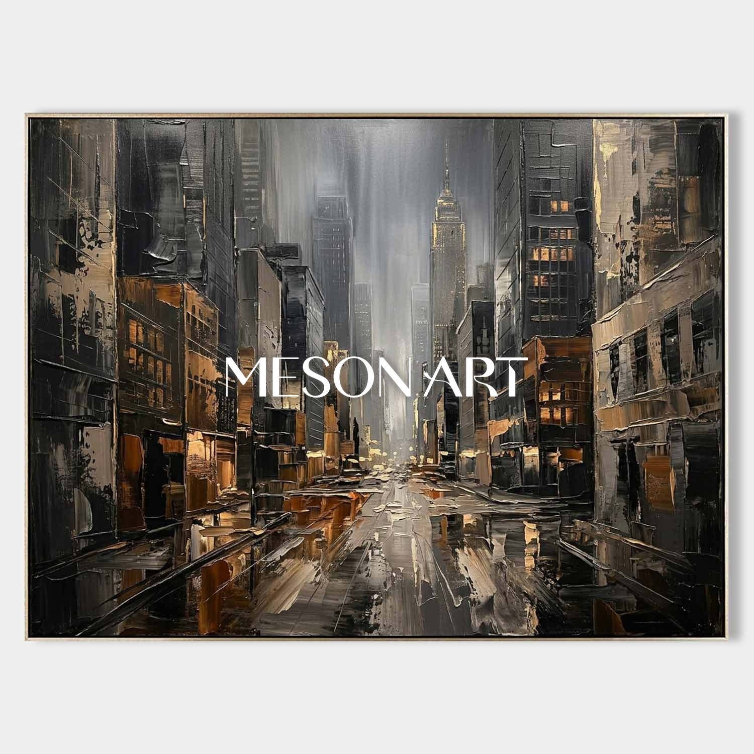 Abstract City Art With Gold Accents And Plaster Texture For Modern Living Room Decor